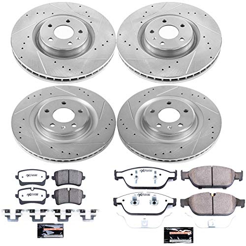 Brake Kit Power Stop For 2012-2016 Audi A6 Quattro A7 Quattro - Front and Rear Carbon Fiber Brake Pads with Drilled and Slotted Brake Rotors Replacement and 1 Front & 1 Rear Sensor Wires, K6130-26