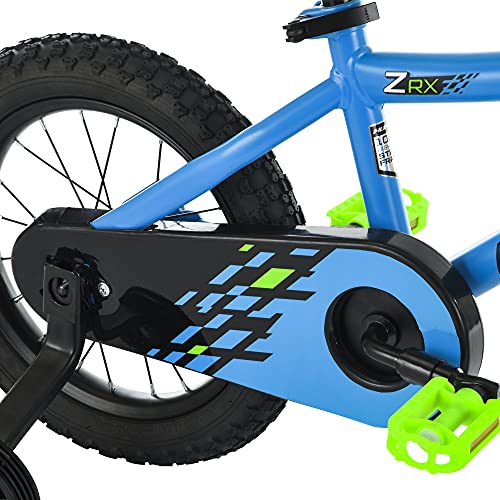 Huffy 14” Kid’s BMX Bike ZRX with Pegs, Training Wheels, Handlebar Bell, Blue and Green