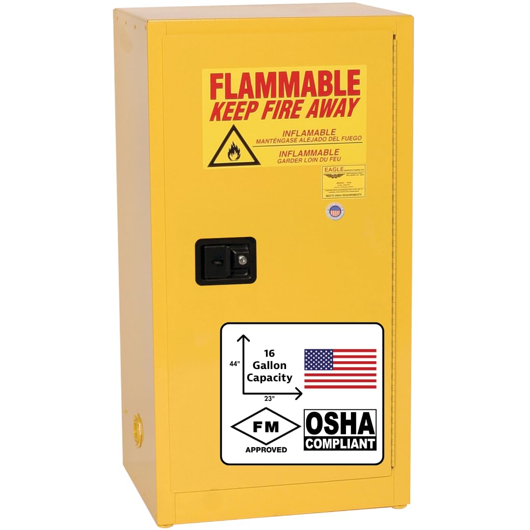 16 Gallon Eagle American Made F﻿lammable Liquid Storage Cabinet, Self-Close Space Saver Fireproof Cabinet for Schools, Garages, Manufacturing Facilities, 23" x 18" x 44", 1905X