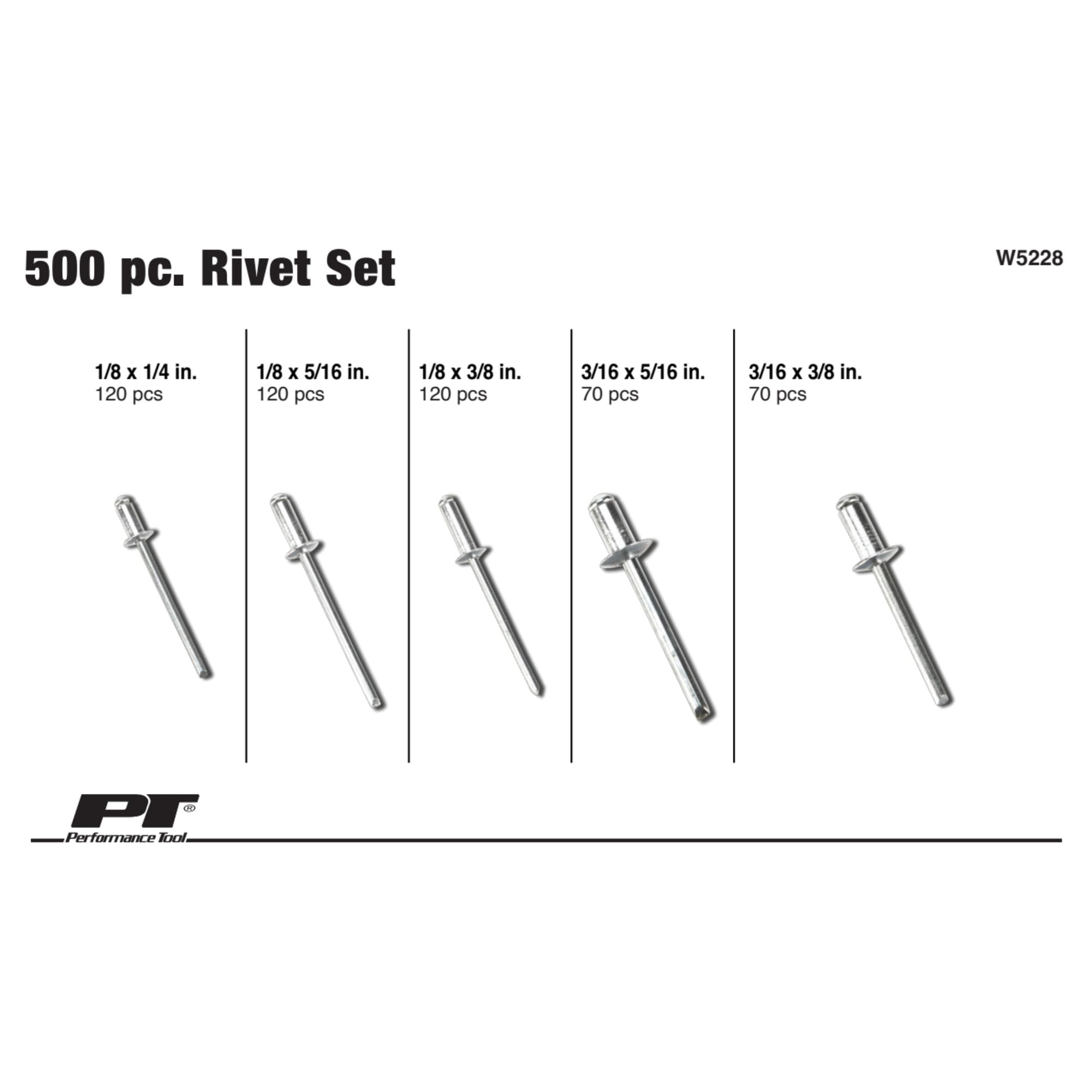 W5228 Performance Tool Aluminum Rivet Assortment Tool Set in a Re-Sealable Plastic Case, (500-Piece)