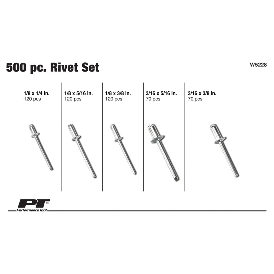 W5228 Performance Tool Aluminum Rivet Assortment Tool Set in a Re-Sealable Plastic Case, (500-Piece)