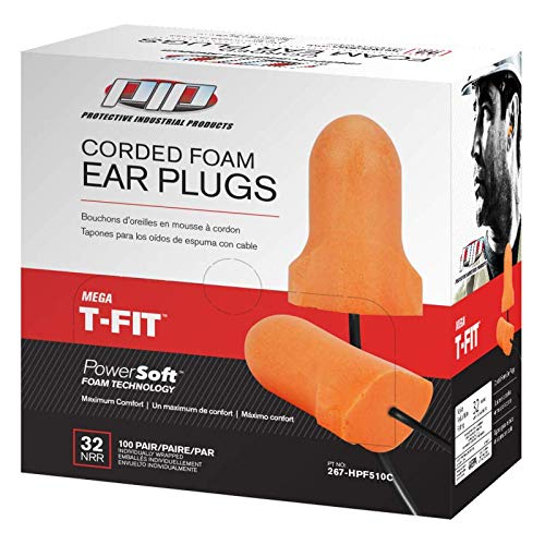Mega T-Fit Protective Industrial Disposable Soft Polyurethane Foam Corded Ear Plugs 100 Pair Per Box NRR 32