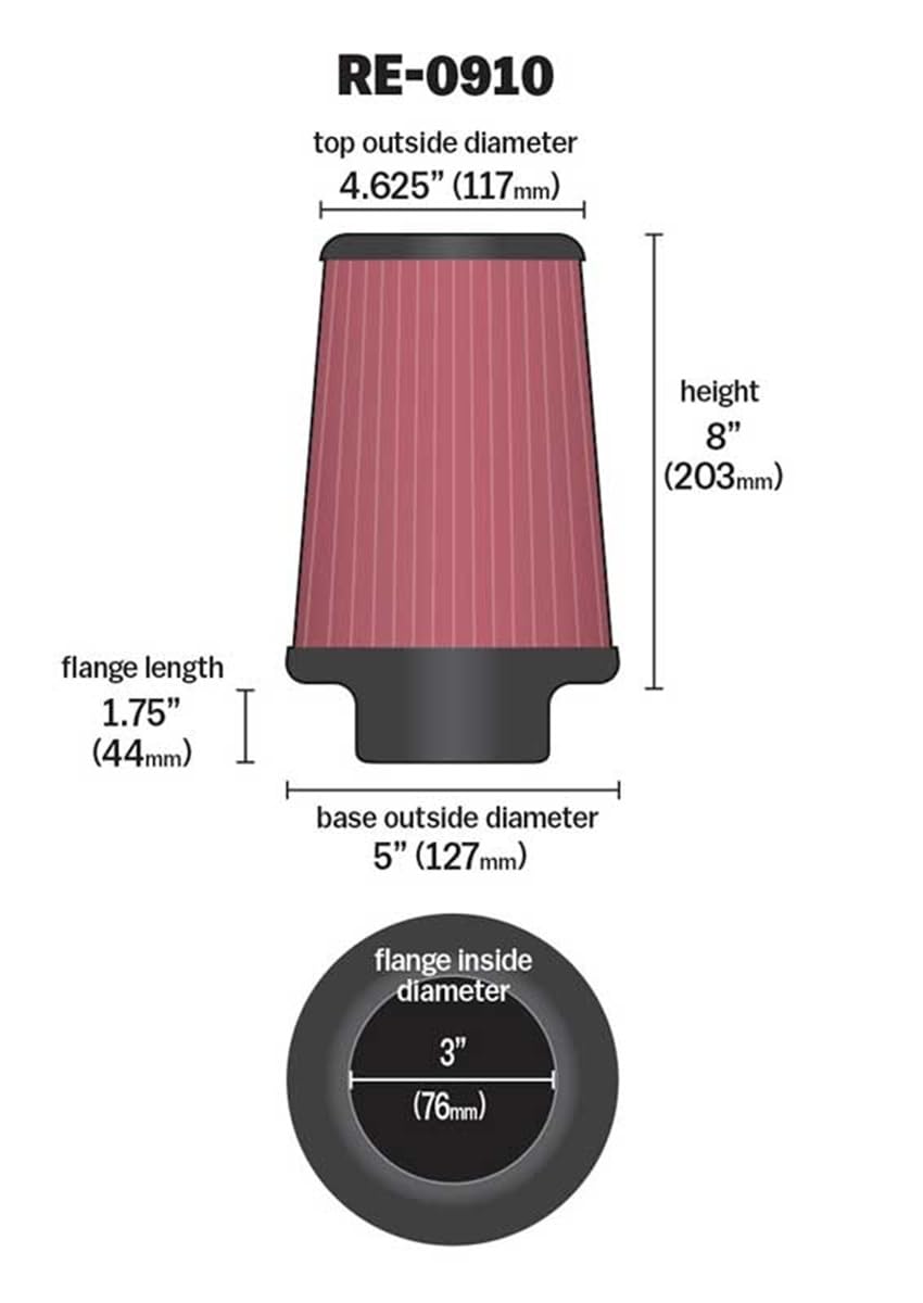 High-Flow K&N Original Lifetime Universal Clamp-On Air Filter: High Performance, Premium, Washable: Flange Diameter: 3 In, Filter Height: 8 In, Flange Length: 1.75 In, Shape: Round Tapered, RE-0910