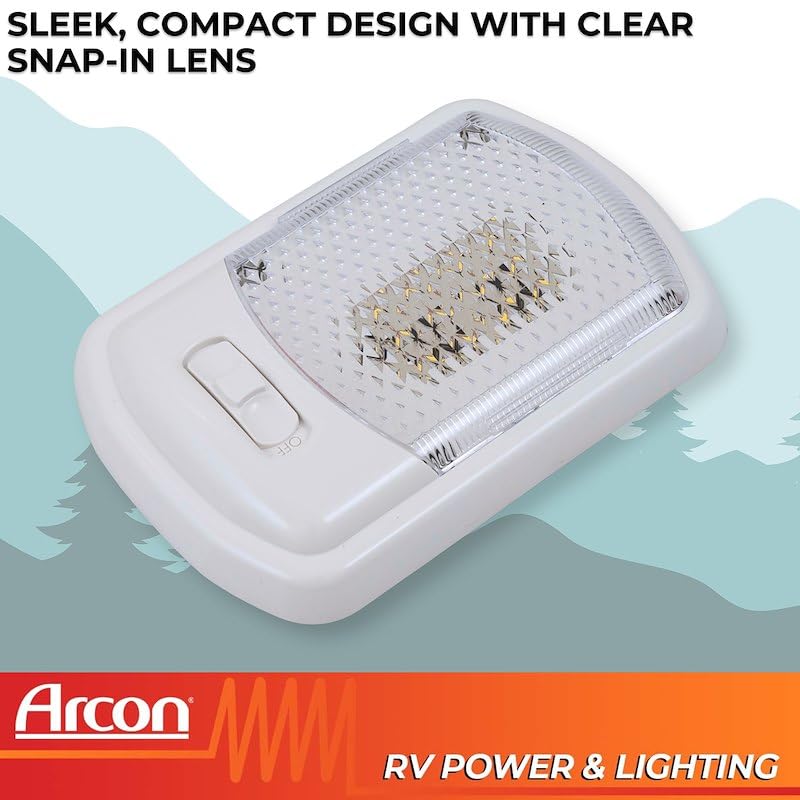 Single LED Ceiling Light Euro-Style 12V Soft White SMD Clear Lens Compact Dome Lighting Fixture with On Off Switch for RV Camper Trailer or Boat Arcon 20711N