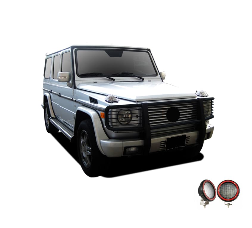 Bumper Guard Modular Black Black Horse Grille brush Come With Pair of 5.3"Dia.LED Lights with Red Trim Rings Compatible with 2003-2010 Mercedes-Benz G55 AMG|1999-2010 Mercedes-Benz G500-PGBZA008A-PLFR