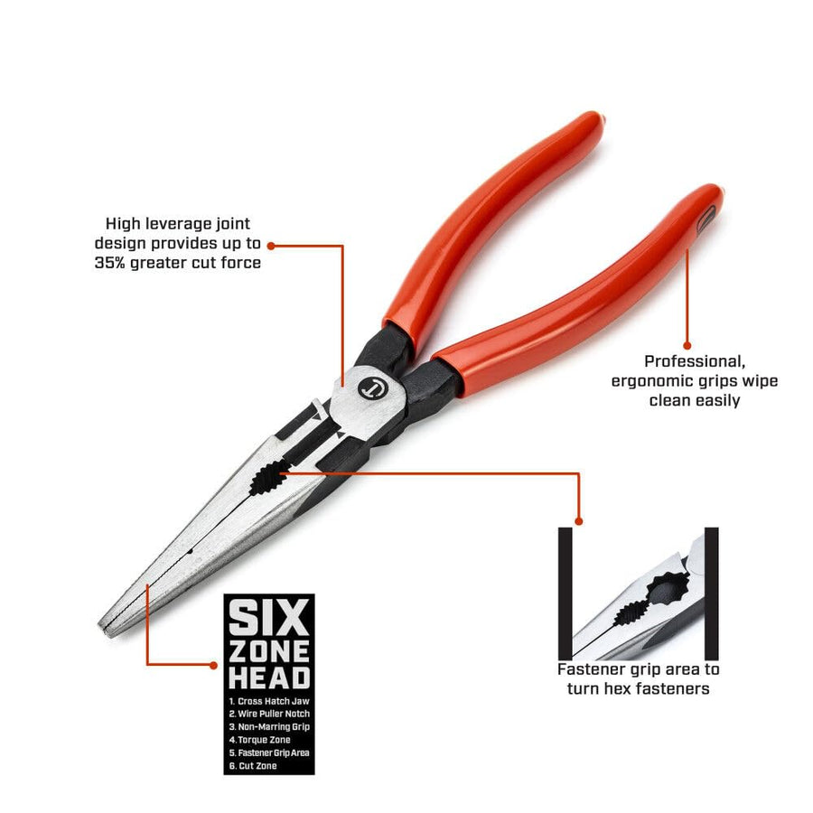 Long Nose Crescent Pliers with Dipped Handles - Electrician Tool for Home Improvement, Repair & Jewelry Making - 6" - Z6546-06