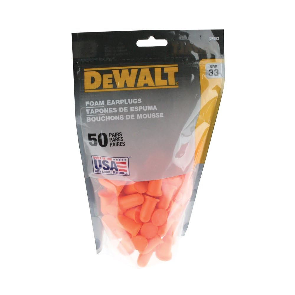 DEWALT DPG63 Orange Bell Shaped Foam Earplugs - NRR 33 dB - Uncorded - 50 Pair Resealable Contractor Bag - Made in USA - ANSI S3.19 Compliant