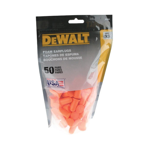 DEWALT DPG63 Orange Bell Shaped Foam Earplugs - NRR 33 dB - Uncorded - 50 Pair Resealable Contractor Bag - Made in USA - ANSI S3.19 Compliant