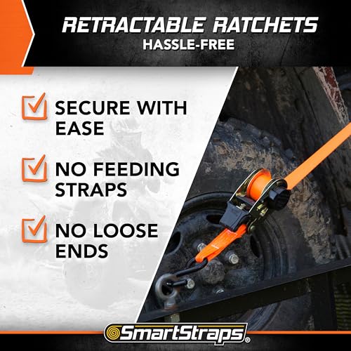 10’ SMARTSTRAPS Retractable Ratchet Straps, 2 Pack – 3,000lb Break Strength, 1,000lb Safe Work Load — Haul Motorcycles, Boats, and Appliances with Patented Technology Heavy Duty Ratchet Straps