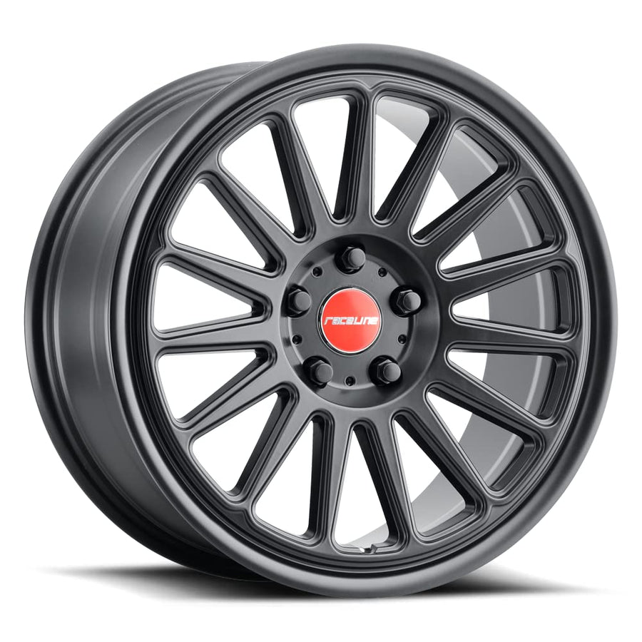 Raceline 315B GRIP Wheels Satin Black 18X9.5"5X112 Bolt Pattern +35mm Offset/(6.1"B/S) 15 Spoke Aluminum Passenger Car Wheels, Full Size Replacement Black Car Rims