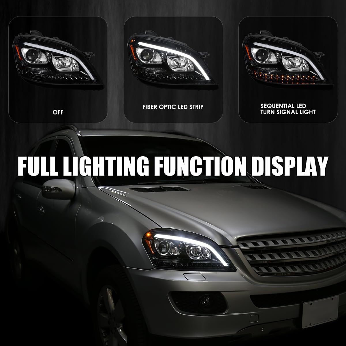 Jet Black SPEC-D TUNING Projector Headlights w/LED Sequential Signal Compatible with 2006-2008 Mercedes Benz W164 ML350 ML500 ML-Class, Left + Right Pair Headlamps Assembly