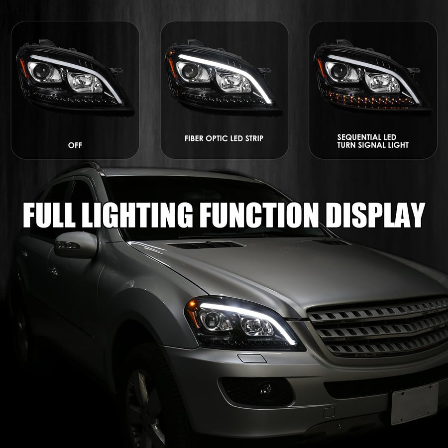Jet Black SPEC-D TUNING Projector Headlights w/LED Sequential Signal Compatible with 2006-2008 Mercedes Benz W164 ML350 ML500 ML-Class, Left + Right Pair Headlamps Assembly
