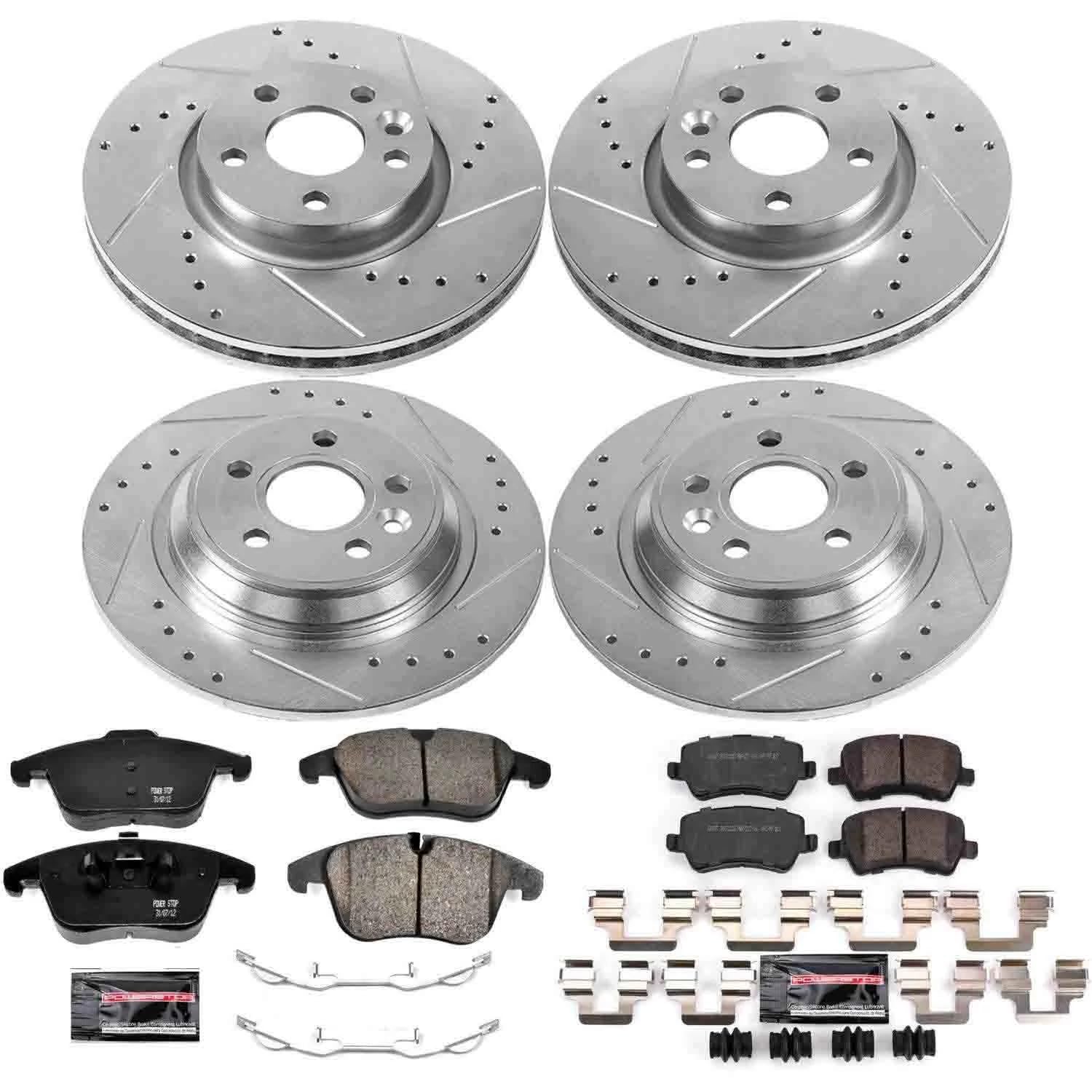 Power Stop K5611 Z23 Carbon Fiber Brake Pads Front and Rear with Drilled & Slotted Brake Rotors Kit