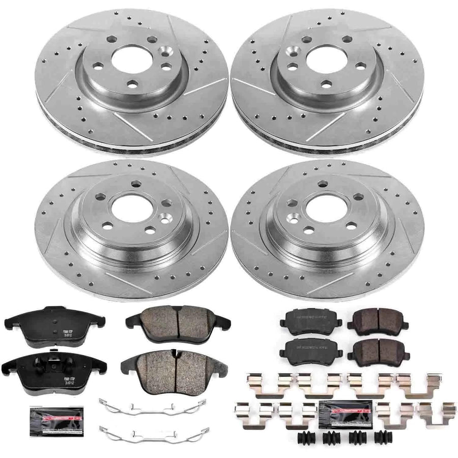 Power Stop K5611 Z23 Carbon Fiber Brake Pads Front and Rear with Drilled & Slotted Brake Rotors Kit