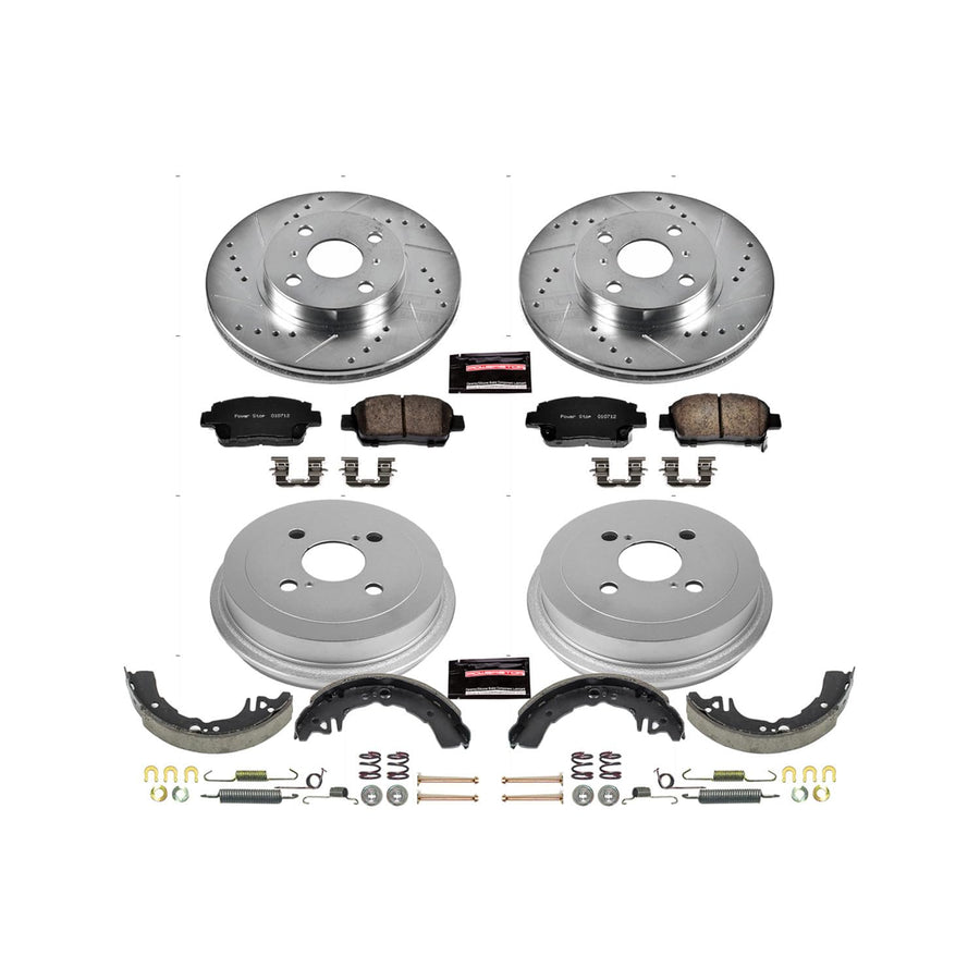 Power Stop K15204DK Z23 Carbon Fiber Brake Pads Front and Rear with Drilled & Slotted Brake Drums Kit For Toyota Echo 2001-2005 [Model Specific]