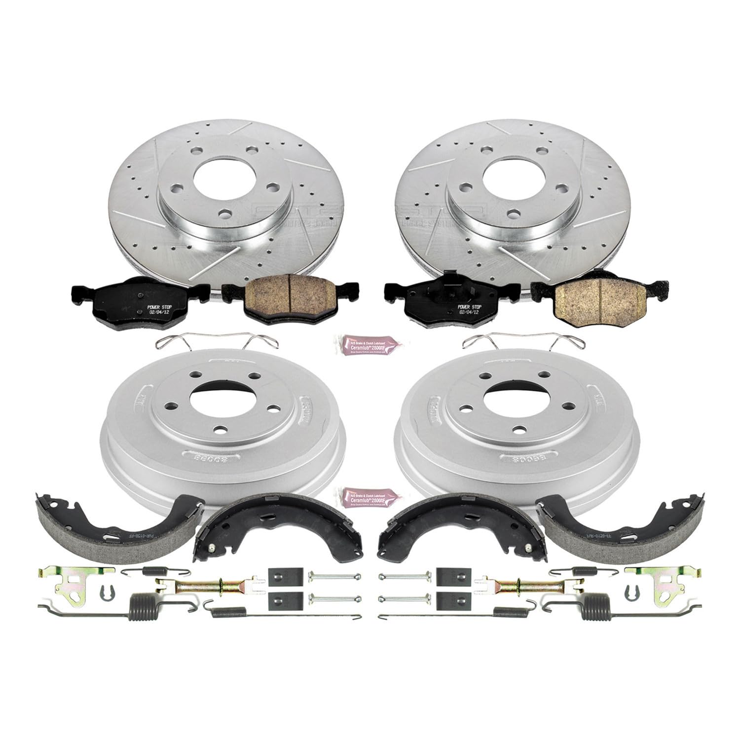 Power Stop K15209DK Z23 Carbon Fiber Brake Pads Front and Rear with Drilled & Slotted Brake Drums Kit