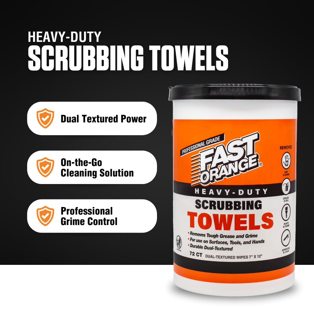 Heavy Duty Fast Orange Scrubbing Towels Removes Tough Grease, Grime, Paint, Resins, Glue and More, for Hands, Tools and Surfaces Without Sticky Residue, 72 ct