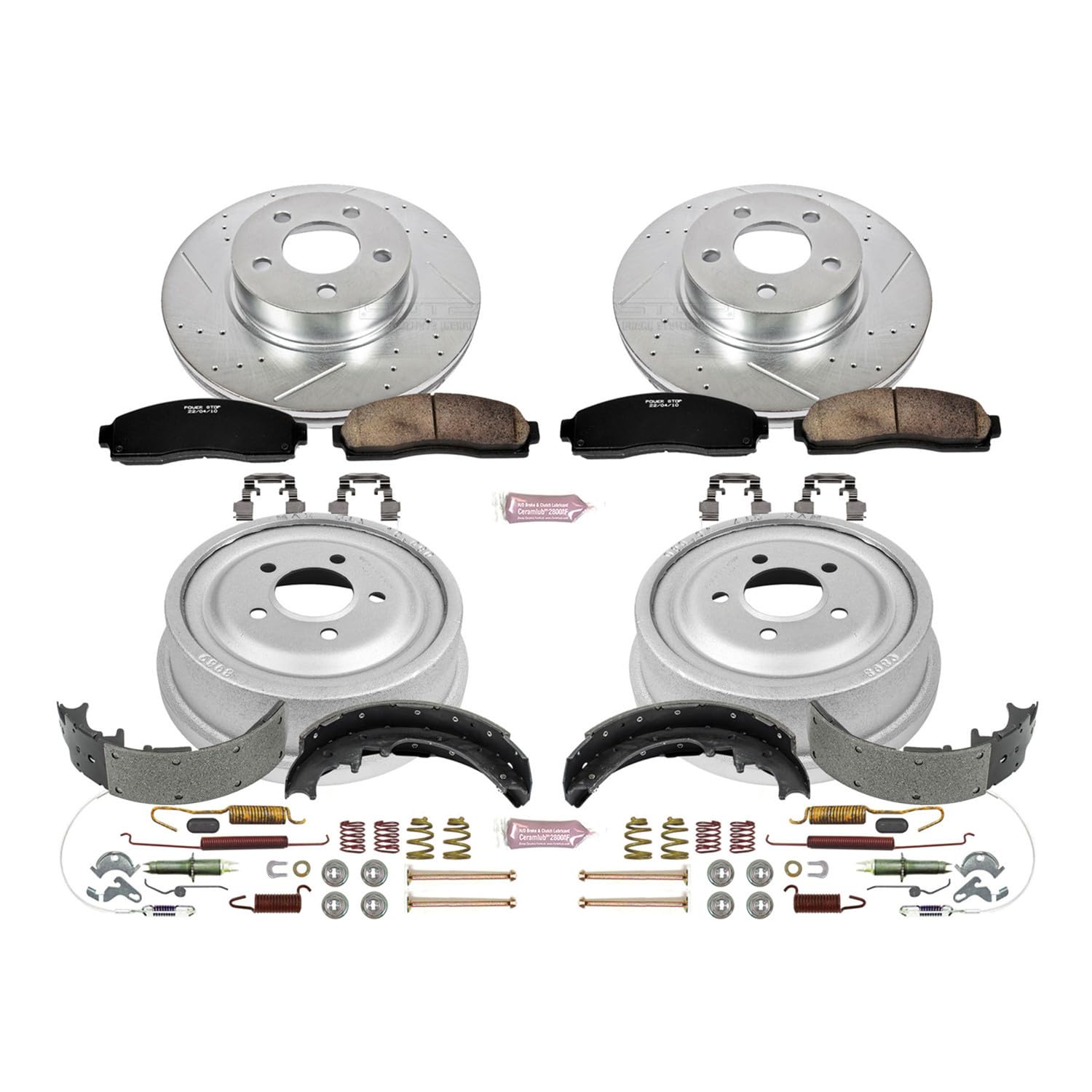 Power Stop K15005DK Z23 Carbon Fiber Brake Pads Front and Rear with Drilled & Slotted Brake Drums Kit For Ford Ranger 2003-2009, Mazda B3000 2005, Mazda B4000 2003-2009 [Model Specific]