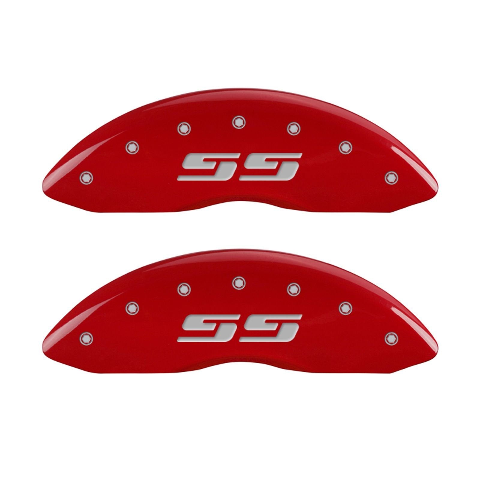 MGP Caliper Covers Front and Rear 14004SSS3RD Red Powder Coat Finish, Set of 4 (Silverado style/SS Silver Characters, Engraved)