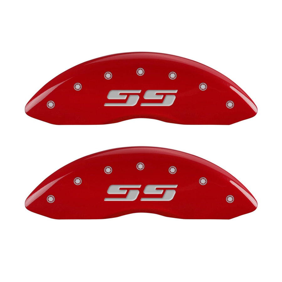 MGP Caliper Covers Front Caliper Cover 14238FSS3RD Red Powder Coat Finish, Set of 2 (Silverado style/SS, Silver Characters, Engraved)