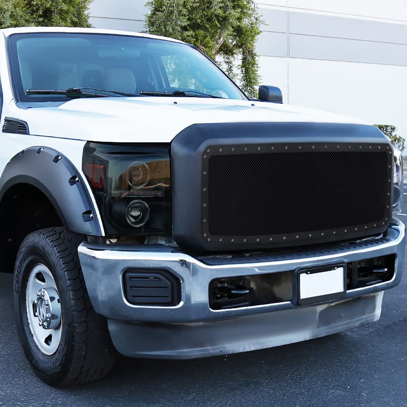 Black Smoke SPEC-D TUNING Halo Projector Headlights w/LED Compatible with 2011-2016 Ford F250/F350/F450/F550 Super Duty, Left + Right Pair Headlamps Assembly
