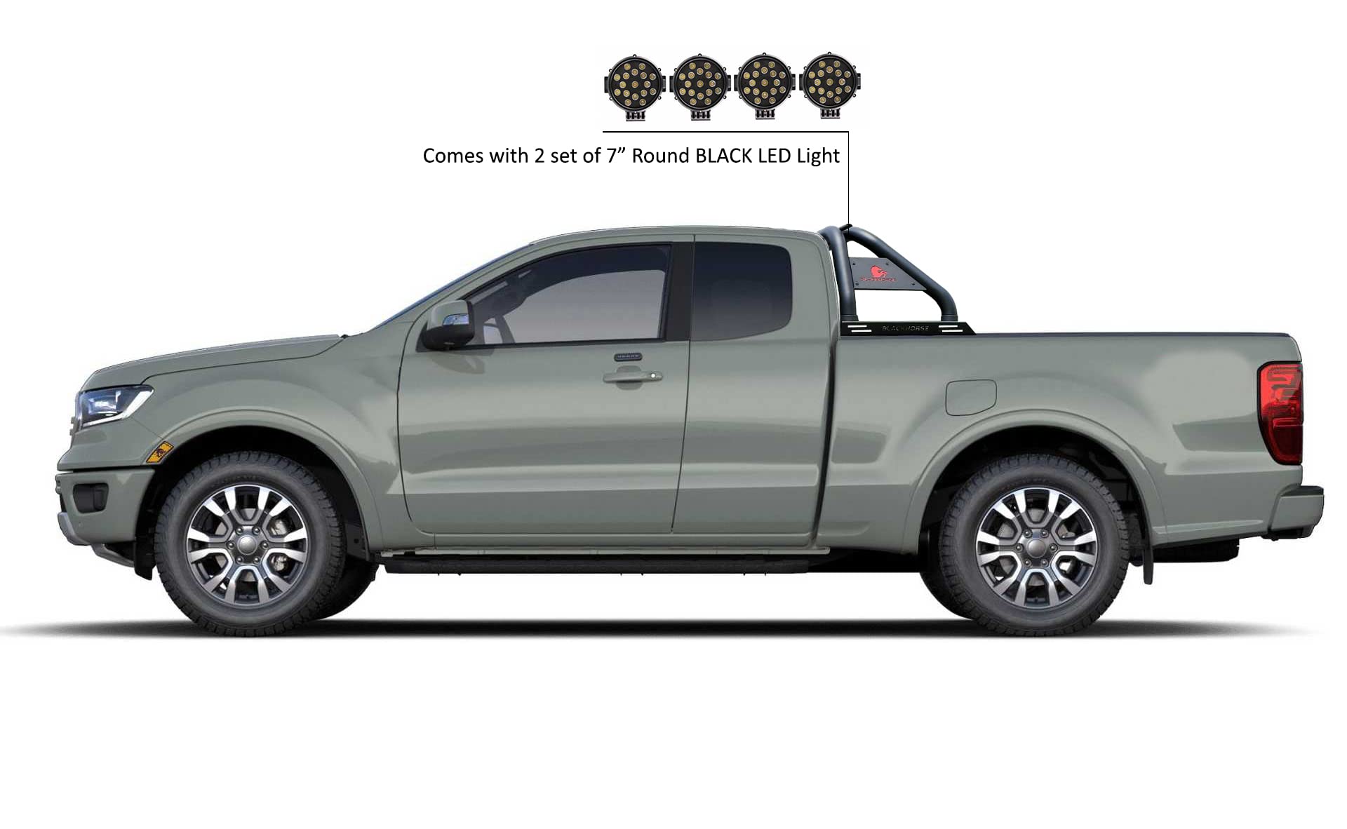 Classic Black Horse Roll Bar incl. Pair of 7.0" Dia. LED Lights w/Black Trim Rings Compatible with 2019-2024 Ford Ranger-RB08BK-PLB