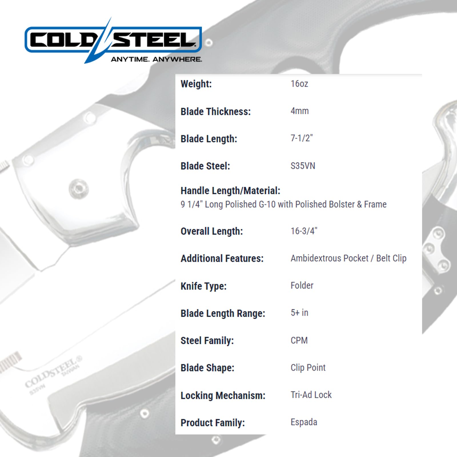 Espada XL Cold Steel Series Folding Knife with Tri-Ad Lock and Pocket Clip