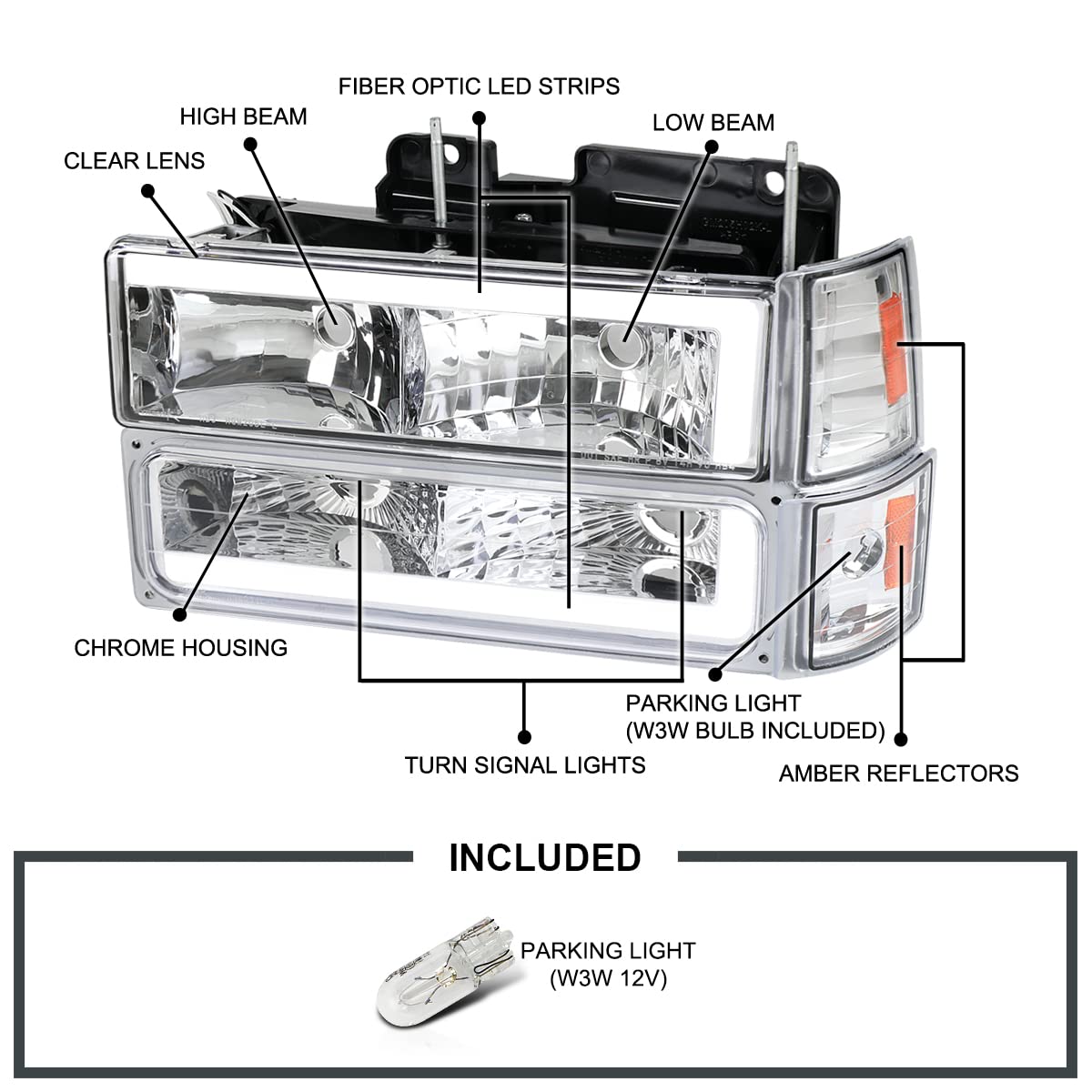 Chrome LED Tube Headlights + Bumper Parking + Corner Lights SPEC-D TUNING Compatible with 1994-1998 GMC C10 Pickup Sierra Suburban Yukon Left + Right Pair Assembly