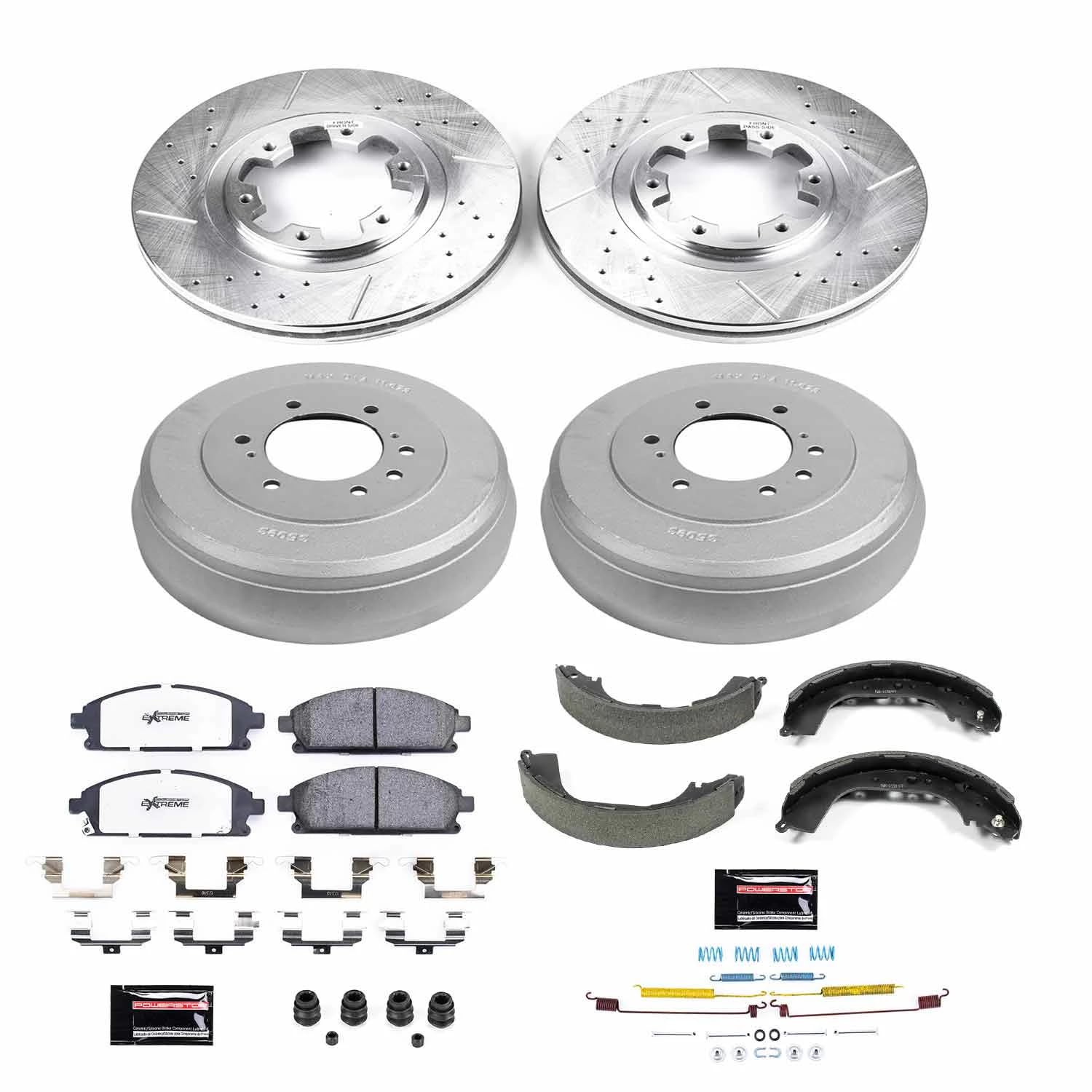 Power Stop Brake Kit Front and Rear For 1997 1998 1999 2000 2001 2002 2003 Infiniti QX4 - Truck & Tow Carbon Fiber Ceramic Pads, Drums, & Drilled and Slotted Rotors Replacement, K15115DK-36