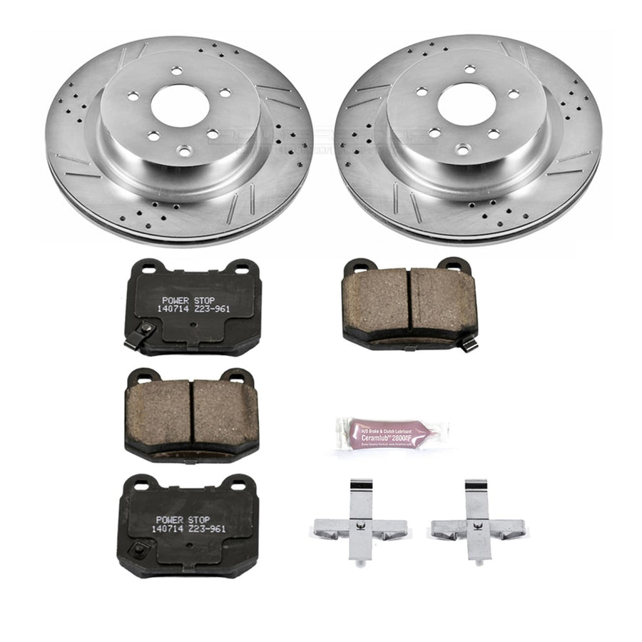 Power Stop K5303 Z23 Rear Carbon Fiber Brake Pads with Drilled & Slotted Brake Rotors Kit For INFINITI G35 2003-2004, Nissan 350Z 2003-2008 [Model Specific]