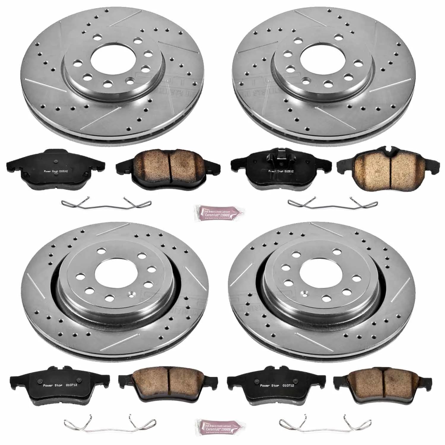 Power Stop K4054 Z23 Carbon Fiber Brake Pads Front and Rear with Drilled & Slotted Brake Rotors Kit For Saab 9-3 2003-2011 [Model Specific]