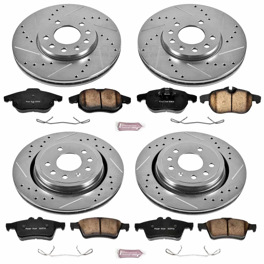 Power Stop K4054 Z23 Carbon Fiber Brake Pads Front and Rear with Drilled & Slotted Brake Rotors Kit For Saab 9-3 2003-2011 [Model Specific]