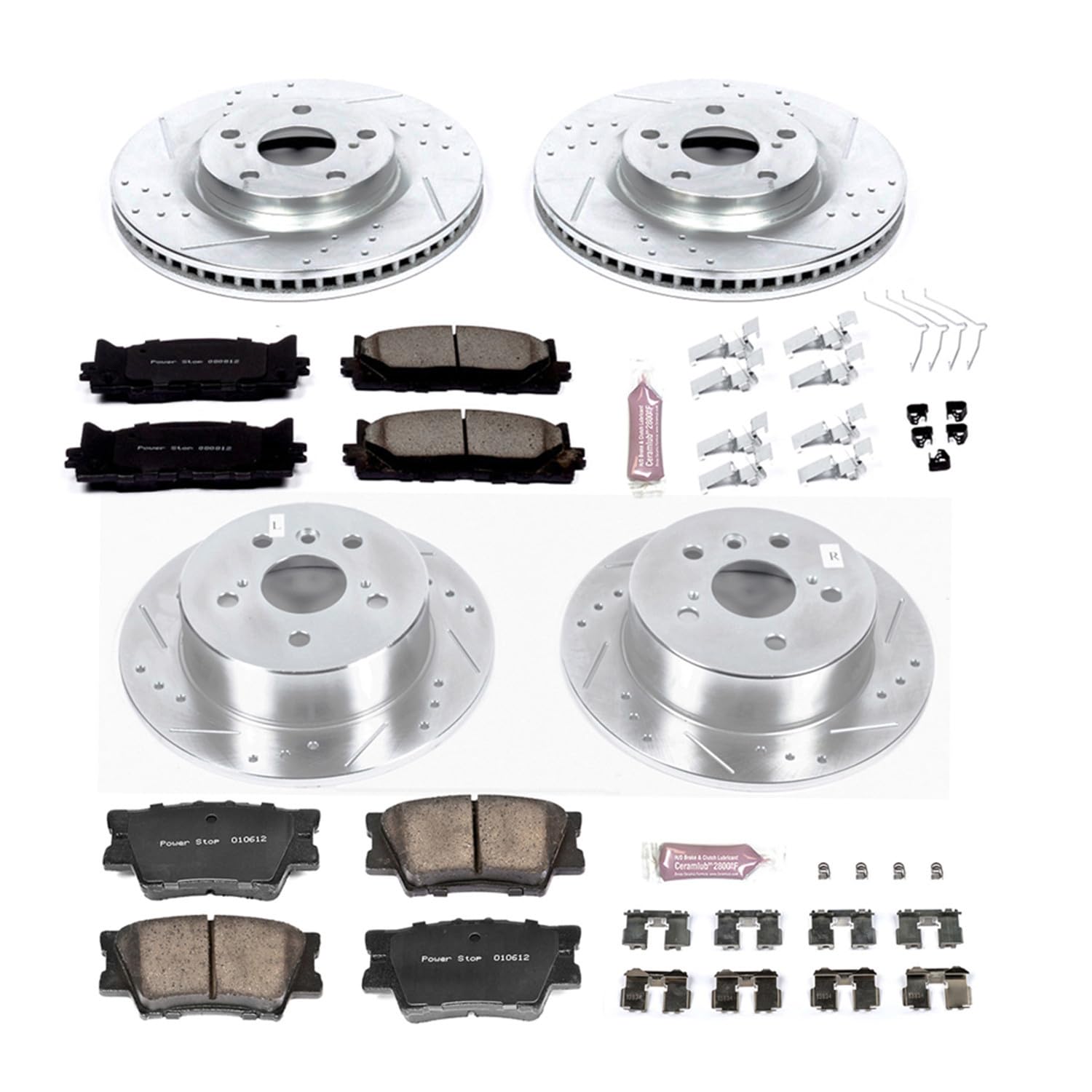 Brake Kit Power Stop For 2013-2017 Toyota Camry, 2013-2018 Toyota Avalon Lexus ES350 ES300h - Front and Rear Z23 Carbon-Fiber Ceramic Brake Pads and Drilled Slotted Rotors Replacement, K6480