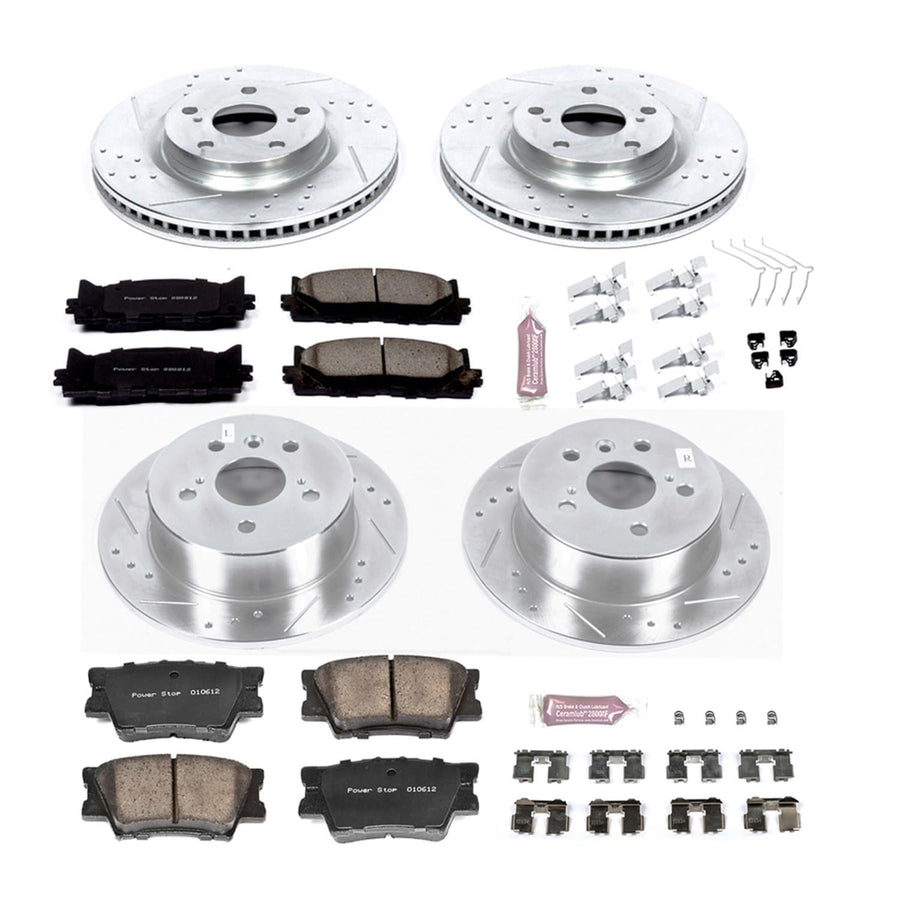 Brake Kit Power Stop For 2013-2017 Toyota Camry, 2013-2018 Toyota Avalon Lexus ES350 ES300h - Front and Rear Z23 Carbon-Fiber Ceramic Brake Pads and Drilled Slotted Rotors Replacement, K6480