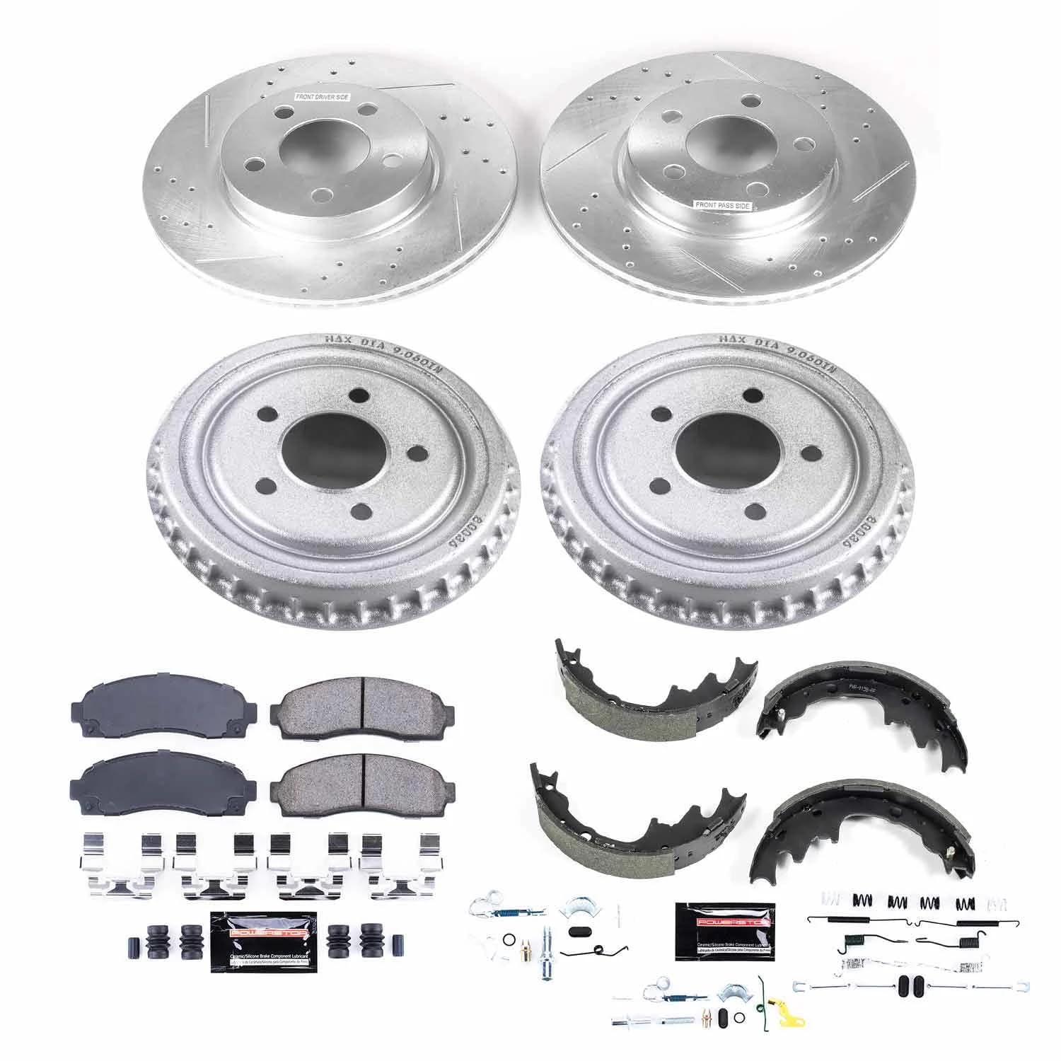 Power Stop K15150DK Z23 Carbon Fiber Brake Pads Front and Rear with Drilled & Slotted Brake Drums Kit For Ford Ranger 2003-2009, Mazda B3000 2005, Mazda B4000 2003-2009 [Model Specific]