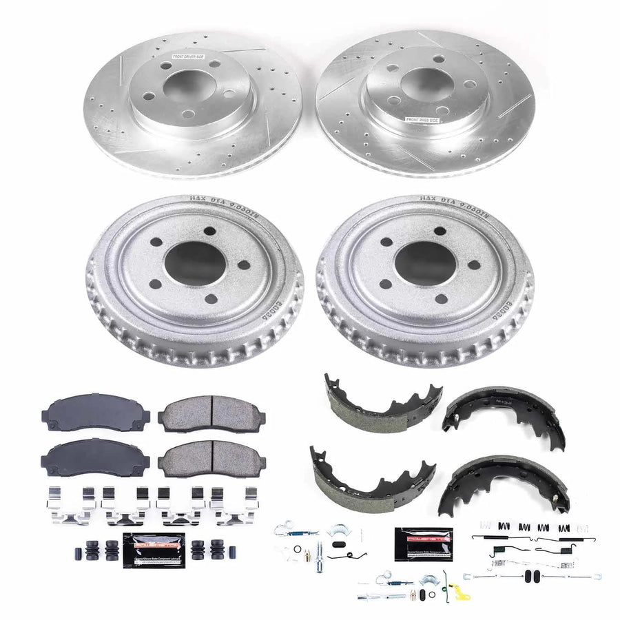 Power Stop K15150DK Z23 Carbon Fiber Brake Pads Front and Rear with Drilled & Slotted Brake Drums Kit For Ford Ranger 2003-2009, Mazda B3000 2005, Mazda B4000 2003-2009 [Model Specific]