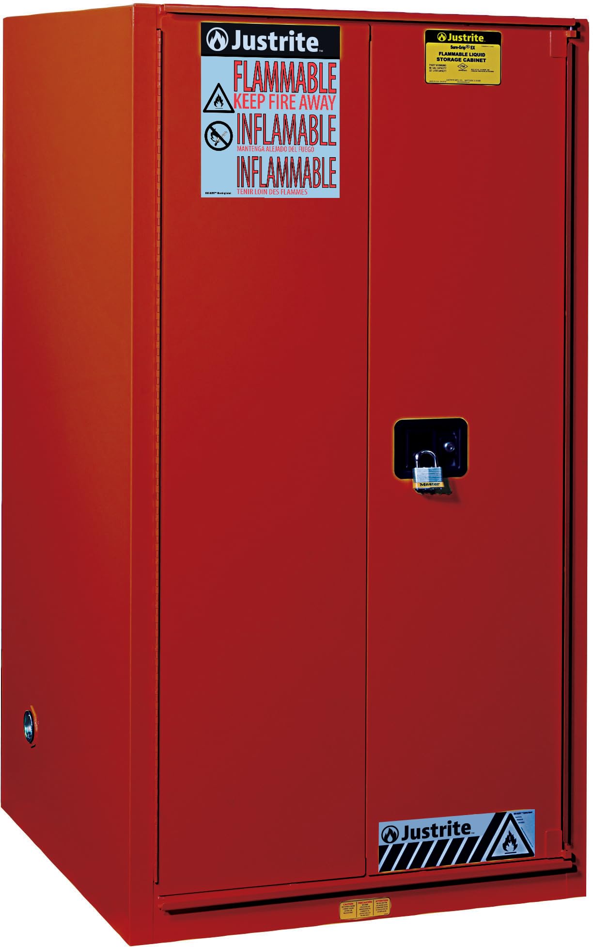 Justrite 60 Gallon Flammable Storage Cabinet Manual Close, 18 Gauge Steel, 2 Shelves, 2 Door Fire Cabinet, 65" x 34" x 34", Made in The USA, Red, 896001