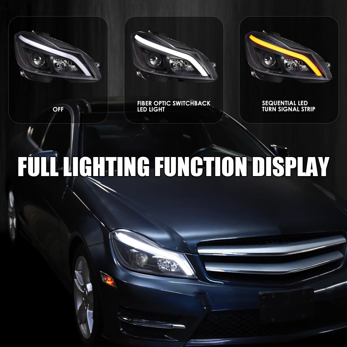 Switchback SPEC-D TUNING Black Sequential LED Tube Projector Headlights Compatible with 2012-2014 Mercedes-Benz W204 C-Class C250 C300 C350 C63, Left + Right Pair Headlamps Assembly