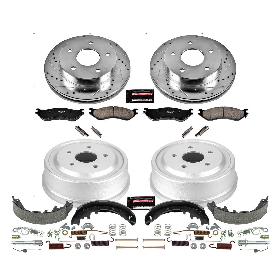 Power Stop K15165DK Z23 Carbon Fiber Brake Pads Front and Rear with Drilled & Slotted Brake Drums Kit For Dodge Ram 1500 2000-2001 [Model Specific]