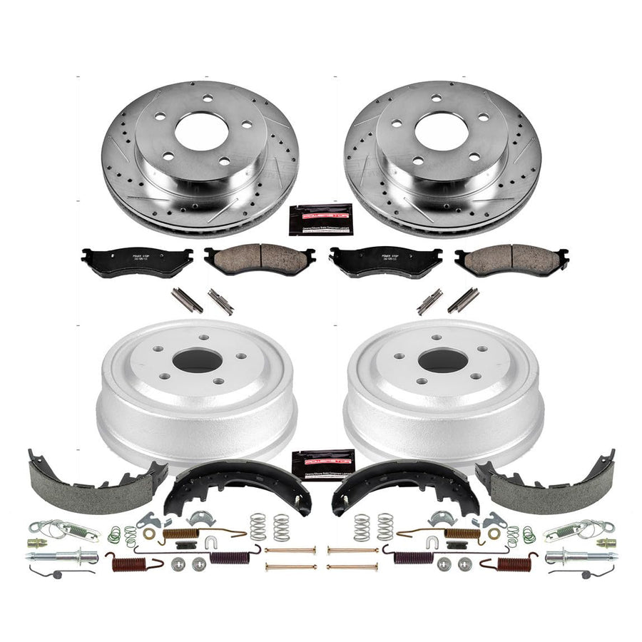 Power Stop K15165DK Z23 Carbon Fiber Brake Pads Front and Rear with Drilled & Slotted Brake Drums Kit For Dodge Ram 1500 2000-2001 [Model Specific]