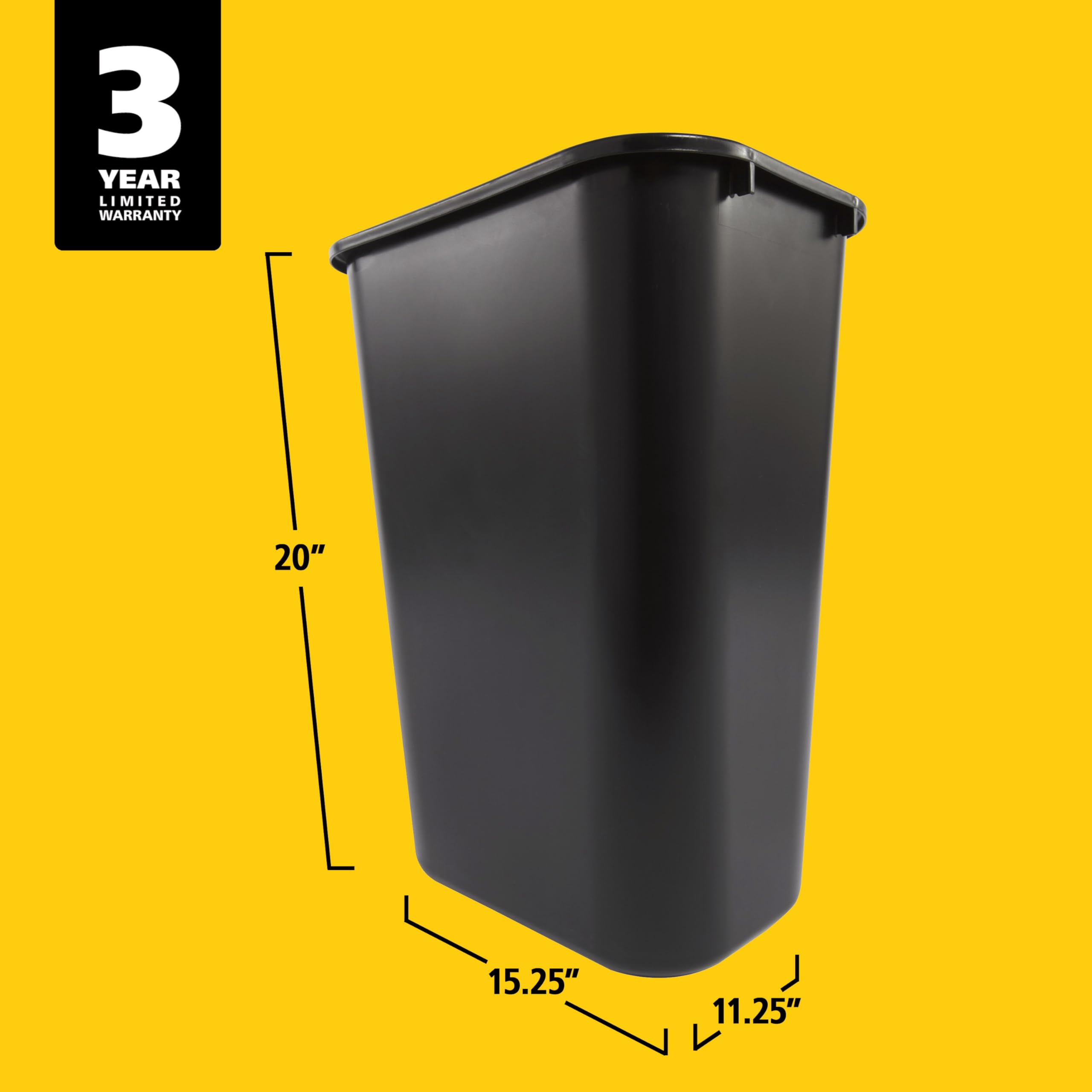 Rubbermaid Wastebasket Commercial Trash Container, 41QT/10.25 GAL, Plastic, Black, Stackable Trash Can for Bedroom/Bathroom/Office, Fits Under Desk/Sink/Cabinet