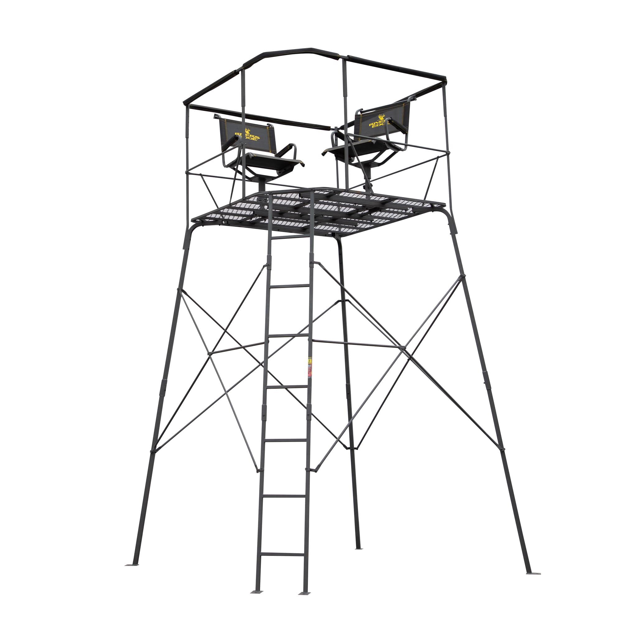 12’ Rivers Edge® 2-Man Quad Pod Tower Stand, TearTuff™ Mesh Seats, 360-Degree Swivel Chairs, Adjustable Padded Shooting Rail, Unmatched Stability, Oversized Platform, RE401