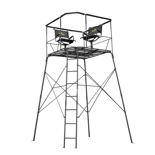 12’ Rivers Edge® 2-Man Quad Pod Tower Stand, TearTuff™ Mesh Seats, 360-Degree Swivel Chairs, Adjustable Padded Shooting Rail, Unmatched Stability, Oversized Platform, RE401