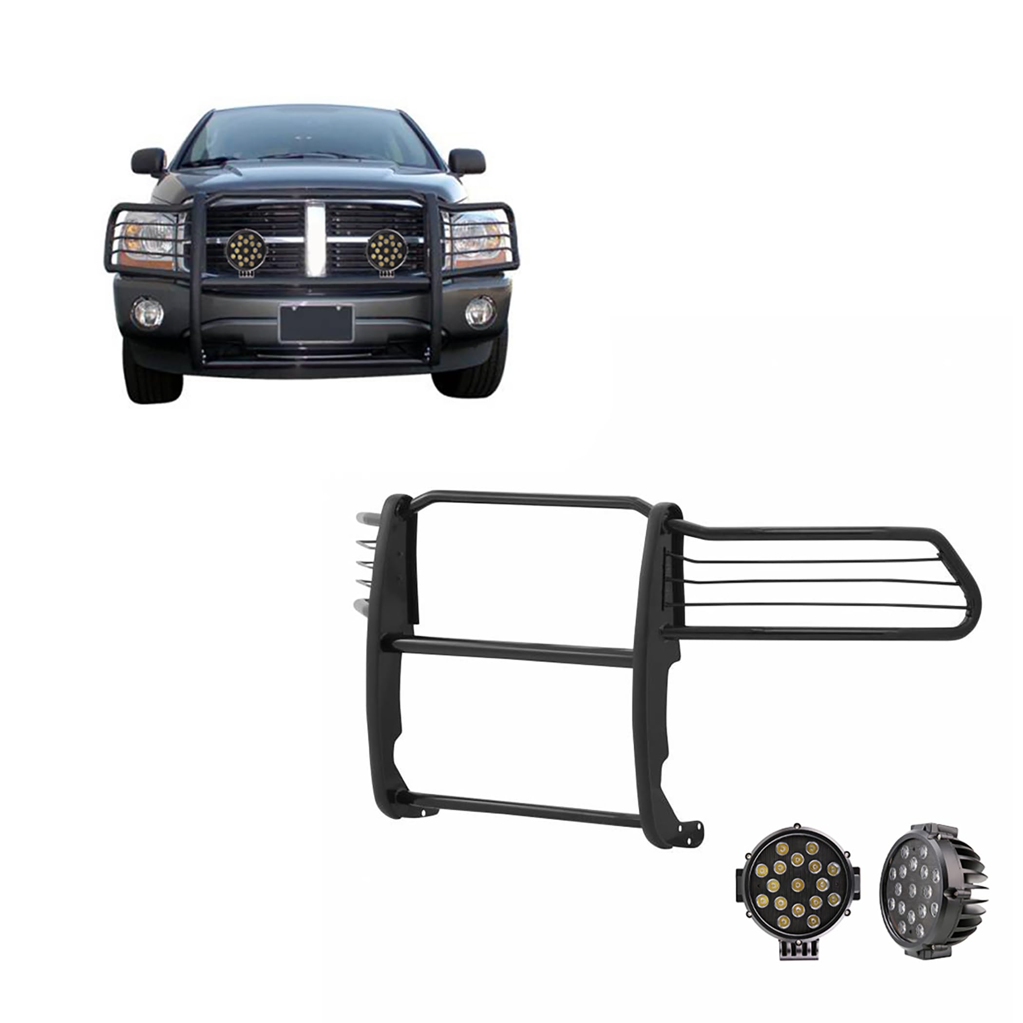Grille Brush Black Horse Bumper Guard Modular Come with Pair of 7.0" Dia.LED Lights with Black Trim Rings Compatible with 1994-2001 Dodge Ram 1500|1994-2002 Dodge Ram 2500/3500-17DG100MA-PLB