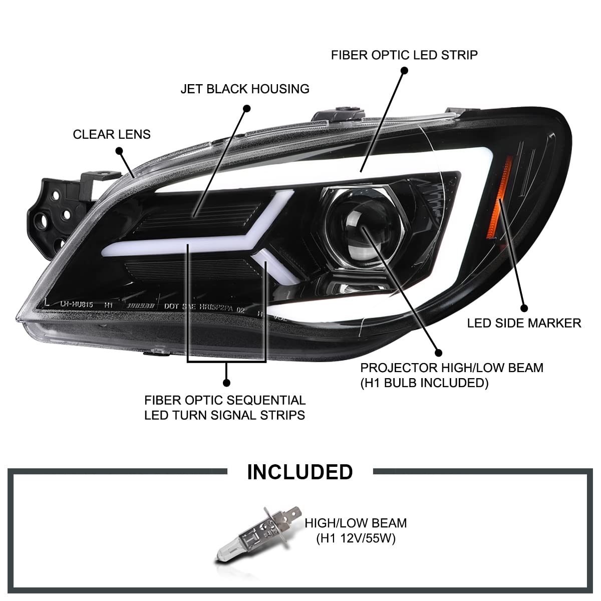 Jet Black SPEC-D TUNING Projector Headlights w/Sequential LED Turn Signal Compatible with 2006-2007 Subaru Impreza WRX/STI Models Only, Left + Right Pair Headlamp Assembly