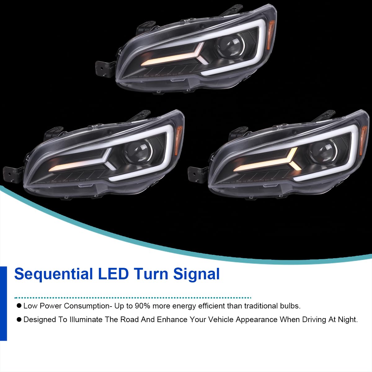 Black SPEC-D TUNING Projector Headlights w/Sequential LED Turn Signal Compatible with 2015-2021 Subaru WRX STI with Halogen Headlights, L + R Pair Headlamp Assembly