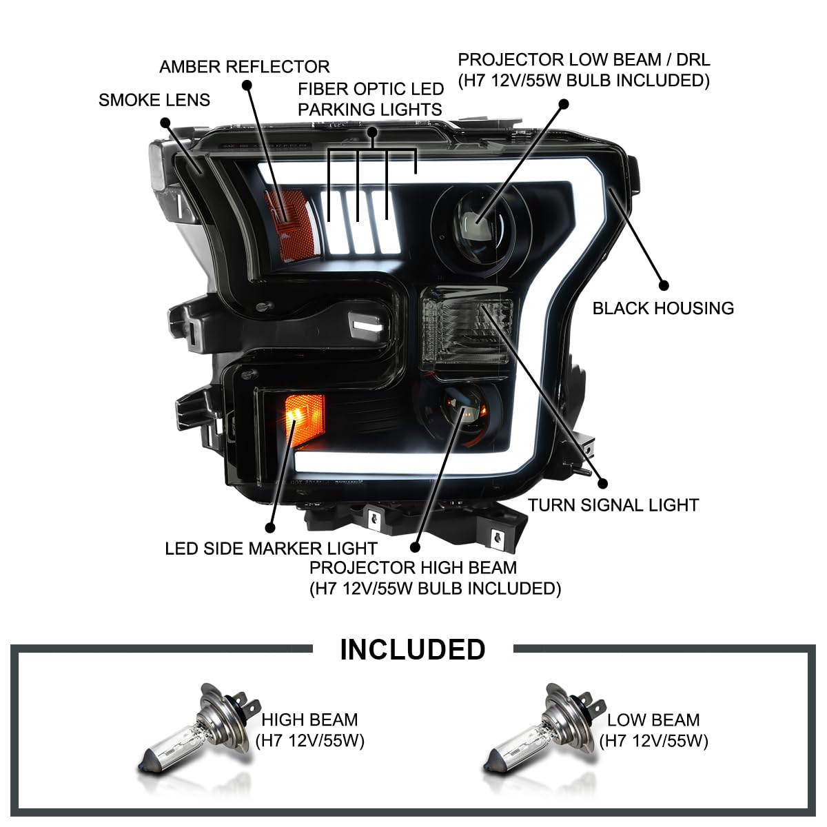 Black Smoke SPEC-D TUNING Projector Headlights w/LED Light Bar Compatible with 2015-2017 Ford F-150, Left + Right Pair Headlamps Assembly