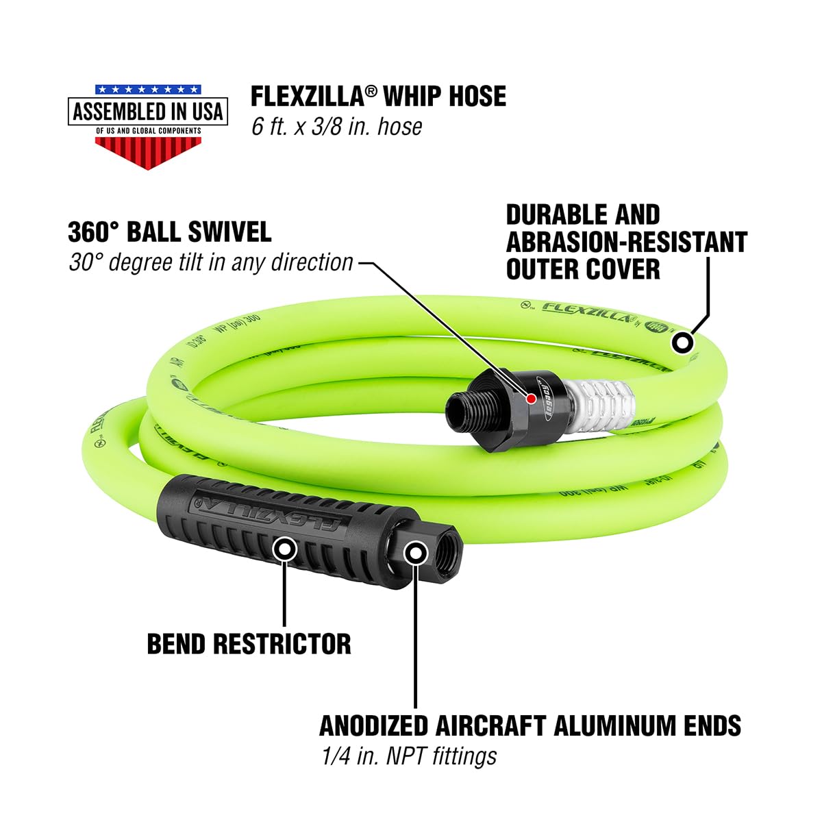 Flexzilla Swivel Air Hose Whip, 3/8 in. x 6 ft. (1/4" MNPT Ball Swivel x 1/4" FNPT Ends), Heavy Duty, Lightweight, Hybrid, ZillaGreen - HFZ3806YW2B