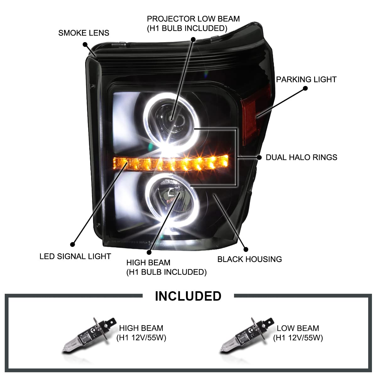 Black Smoke SPEC-D TUNING Halo Projector Headlights w/LED Compatible with 2011-2016 Ford F250/F350/F450/F550 Super Duty, Left + Right Pair Headlamps Assembly