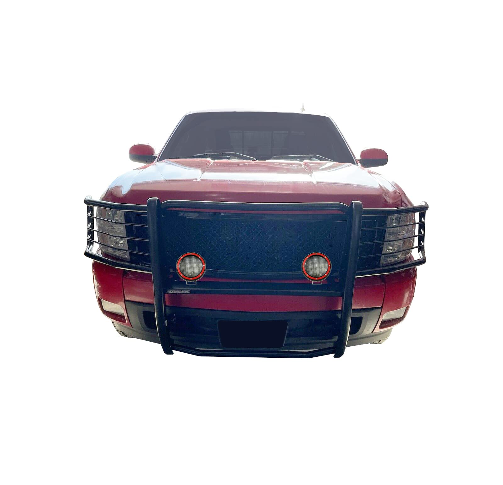 Bumper Guard Black Horse Grille Brush Modular Black Come with Pair of 5.3" Dia.LED Lights with Red Trim Rings Compatible with 2007-2013 Chevrolet Silverado 1500-17A035700A2MA-PLFR